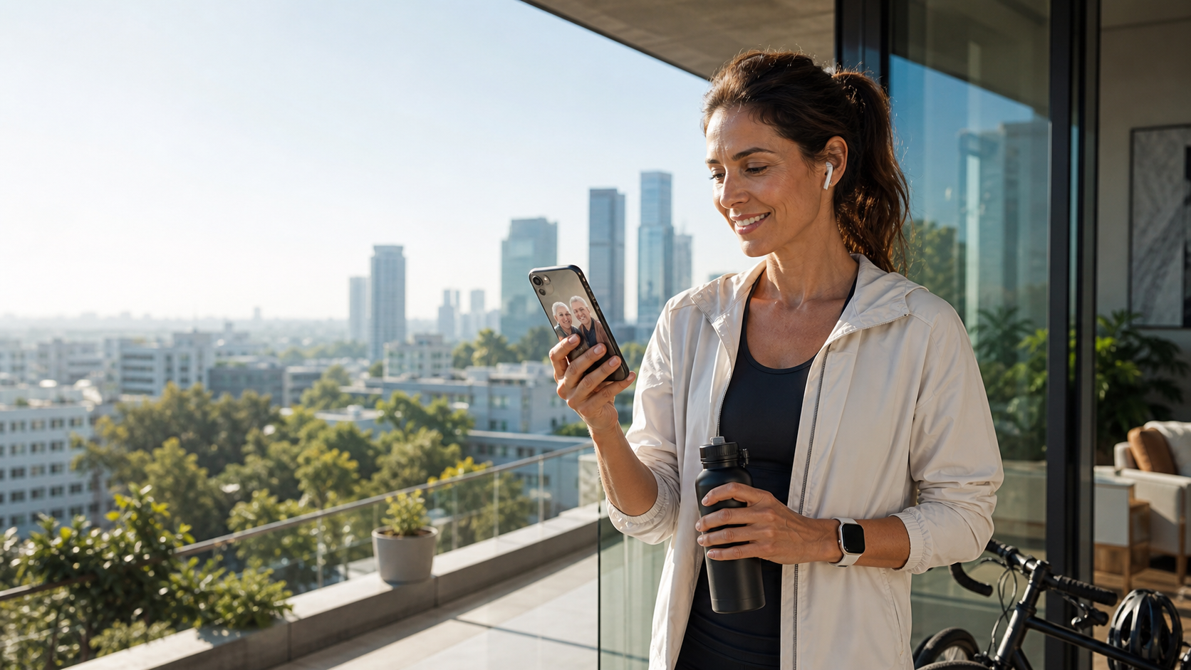 An active adult daughter on a city balcony checking in with her parents by phone.