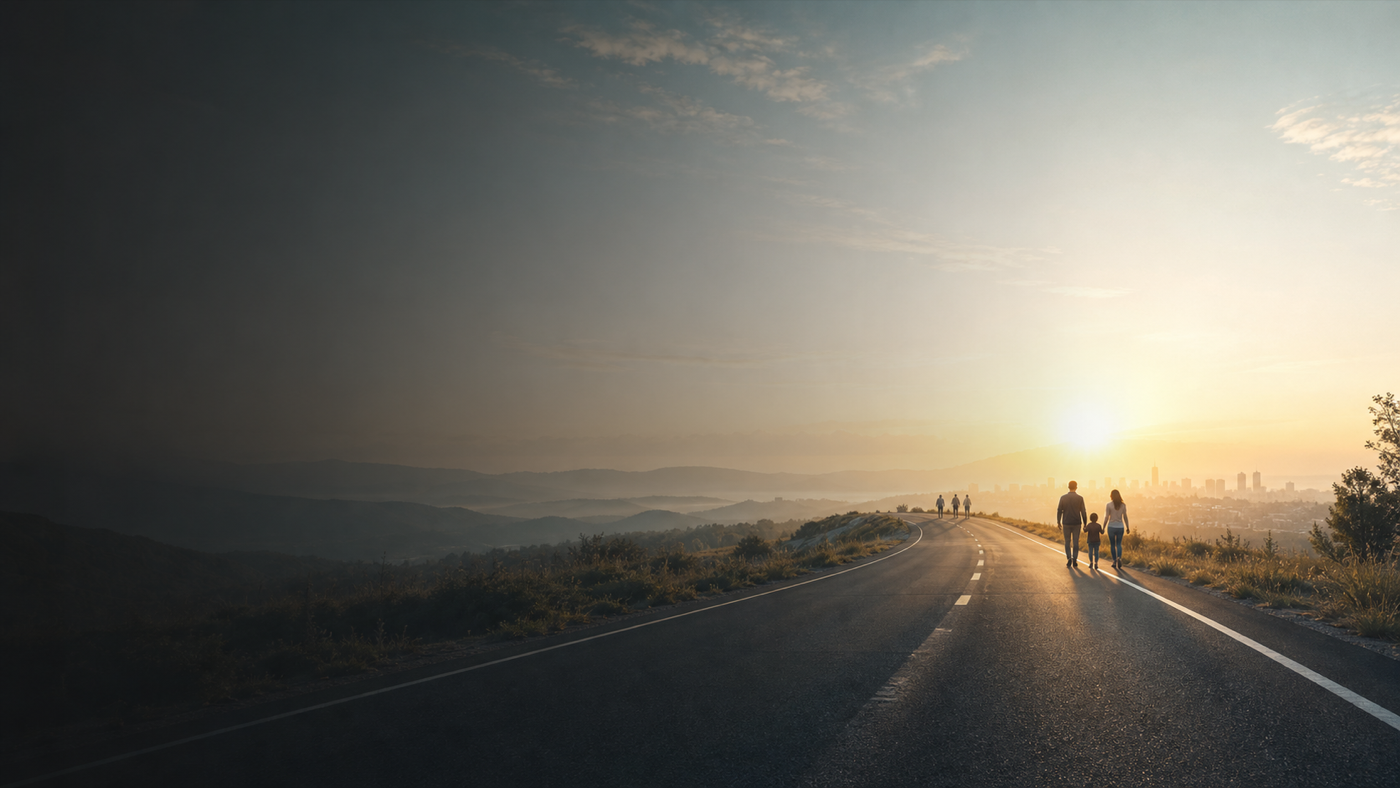 An open road at sunrise leading toward a wide horizon.