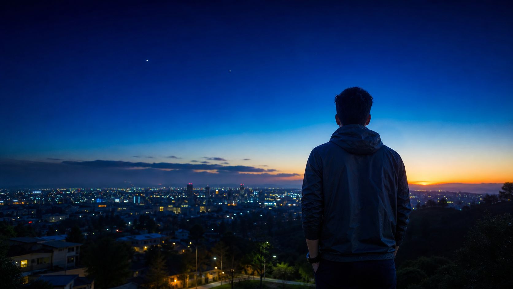 A person looking toward a city horizon at dawn